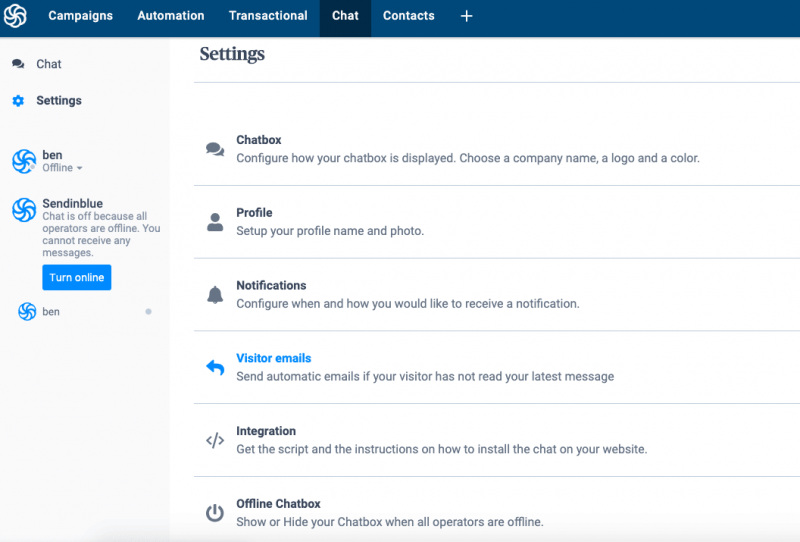 sendinblue chat screenshot