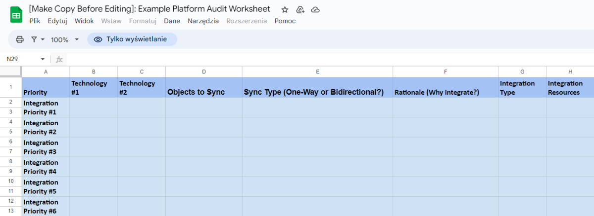 platform audit worksheet example for documenting code