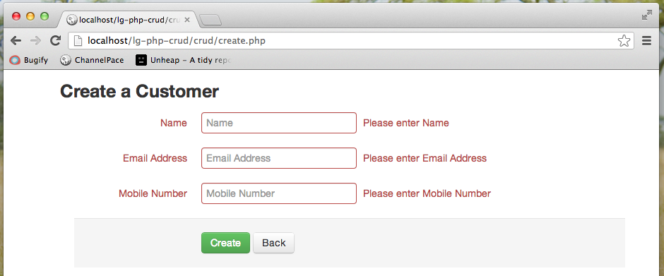 data validation php crud create form