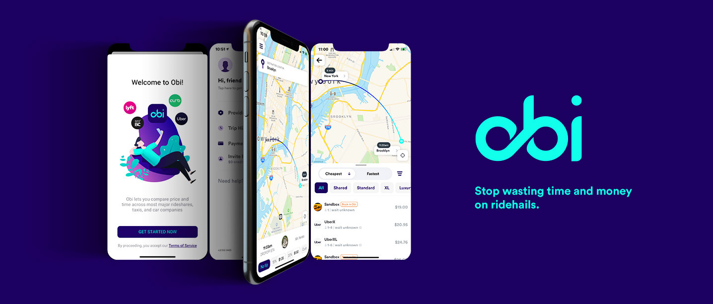 Phones with OBI app and Copy "OBI - stop wasting time and money on ridehails"