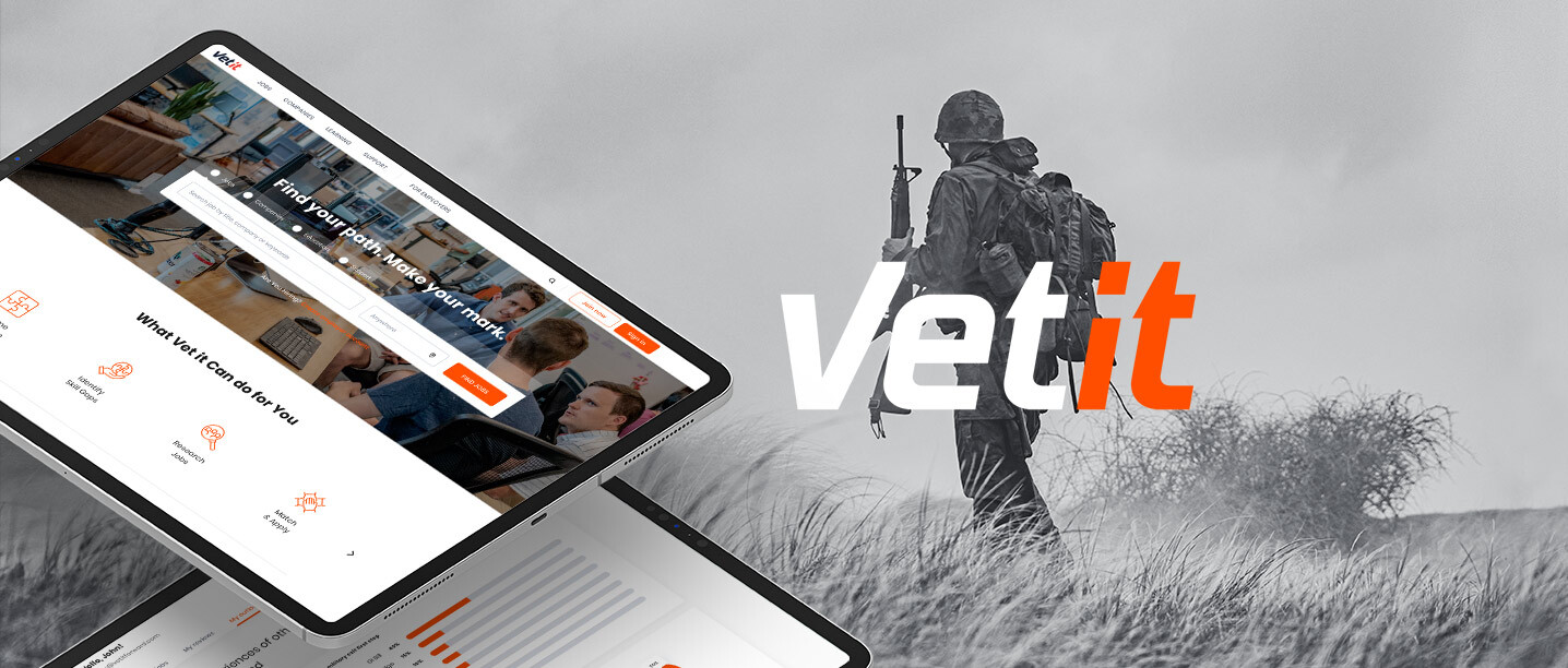 Copy "Vet it", screenshot of the VETIT app, and a solder in the background