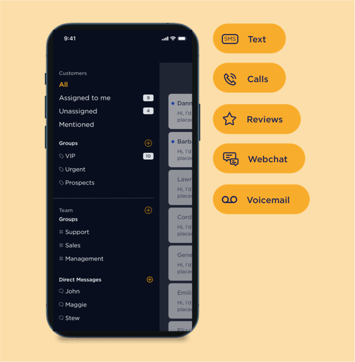 Myopolis app screenshot and list of main functionalities: text, calls, reviews, webchat, voicemail