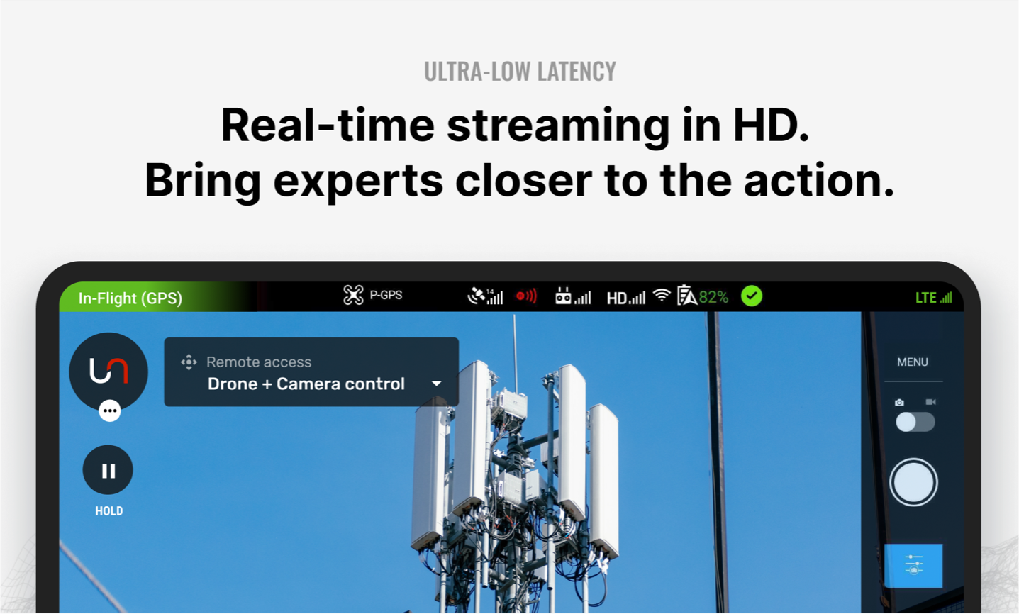 A tablet with the Unleash app and copy "Ultra-low latency. Real-time streaming in HD. Bring experts closer to the action"