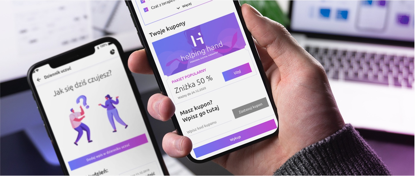 Close-up of two smartphones: one hand holds a phone displaying the 'helping hand' digital therapist app showing available coupons and a 50% discount. The second phone, in the background, displays a Polish mood journal asking 'Jak się dziś czujesz?' ('How are you feeling today?').