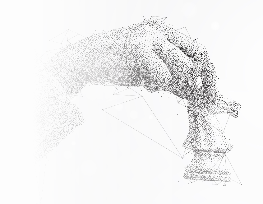 A digital, abstract illustration of a hand made of small black dots and connected lines holding a chess piece, set against a white background that fades on the left side.