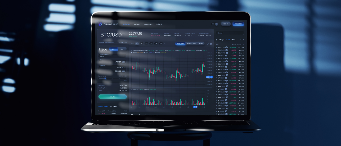 A laptop displaying a dark-themed cryptocurrency trading interface for BTC/USDT (Bitcoin and Tether), with charts, price details, current trends, and trading options.