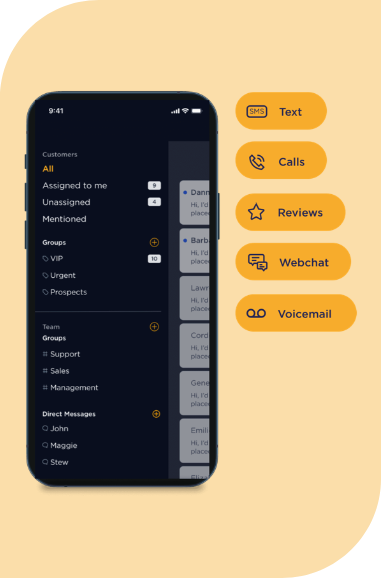 mask 9 | Iterators A smartphone screen displays a customer communications app with a dark interface, showing groups, direct messages, and customer assignments. On the right, yellow buttons for actions like Text, Calls, Reviews, Webchat, and Voicemail are vertically listed.