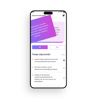 A smartphone showing a Polish-language questionnaire or diary app screen, with a purple sticky note at the top, selectable answers, and navigational controls in a minimalistic design.