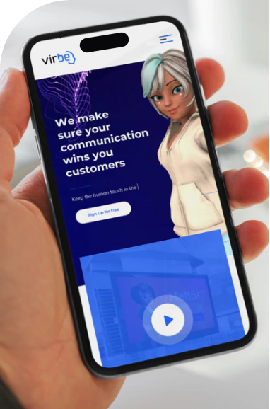 A hand holds a smartphone displaying the Virbe website, featuring a digital avatar and the text &ldquo;We make sure your communication wins you customers&rdquo; on a blue and white interface.